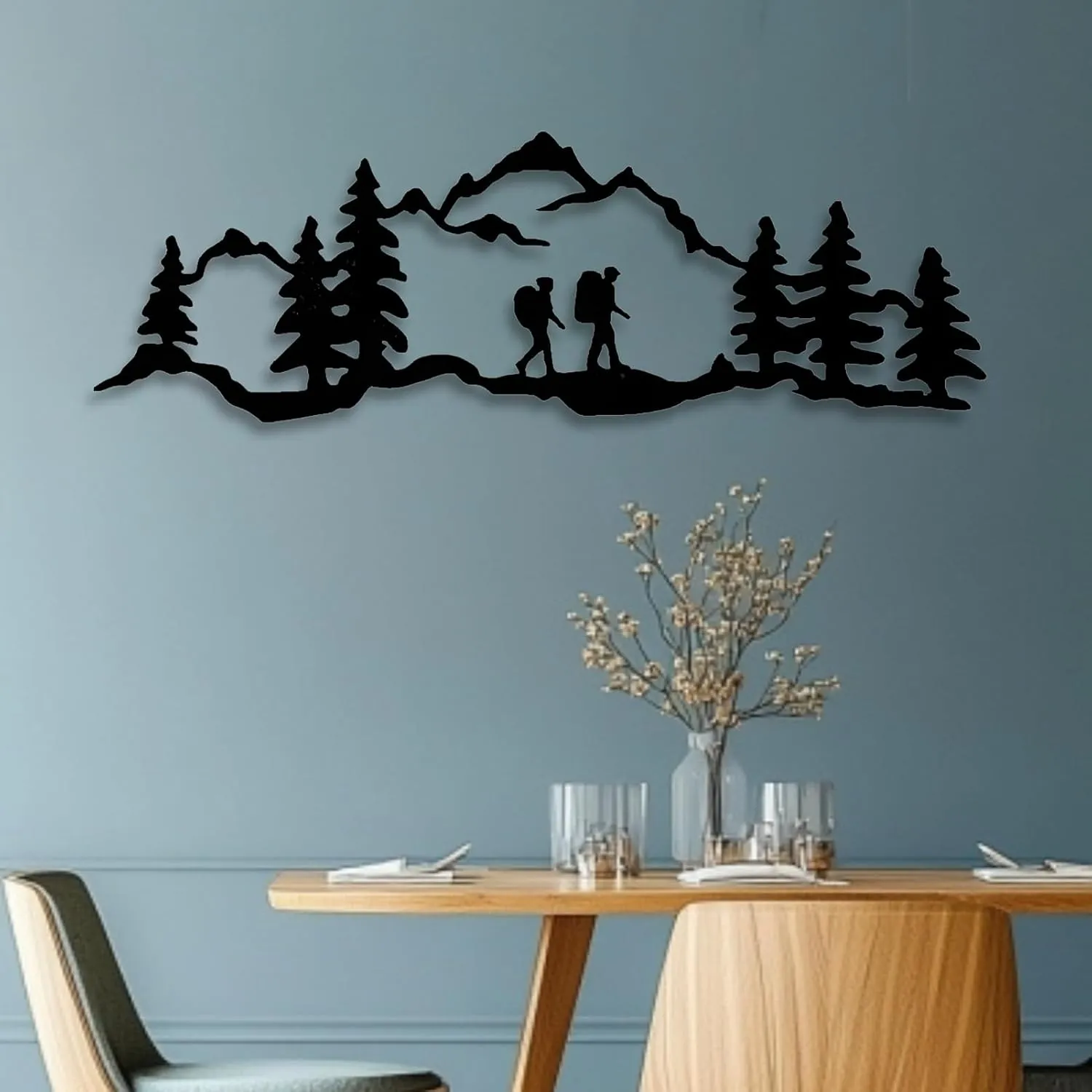 kuestboy Hiking Wall Art,Mountain Metal Wall Art,Mountain Range with Hiker,Mountain Scape Decor,Mountain With Trees,Camping Art,Mountain Scene (35"x12" | 90 x 30cm)