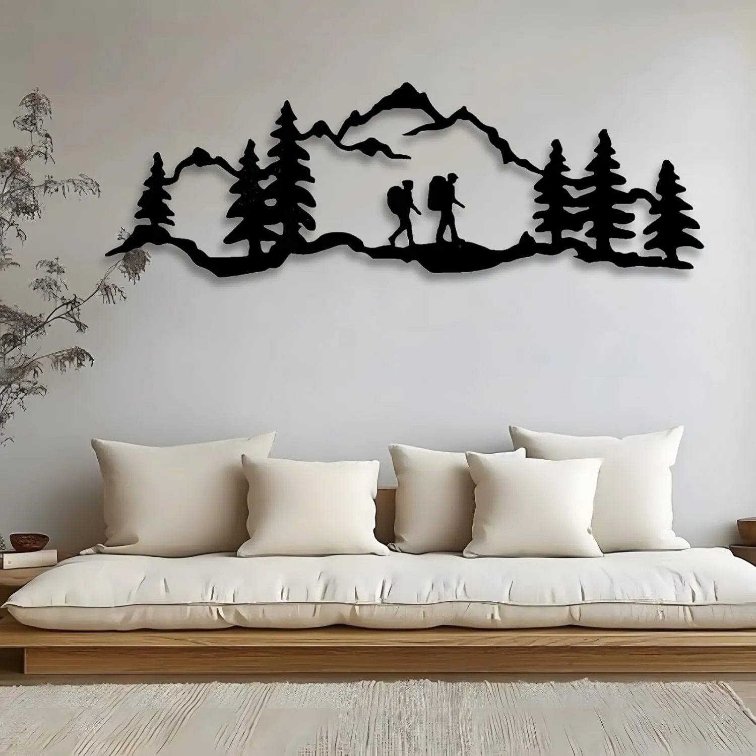 kuestboy Hiking Wall Art,Mountain Metal Wall Art,Mountain Range with Hiker,Mountain Scape Decor,Mountain With Trees,Camping Art,Mountain Scene (35"x12" | 90 x 30cm)