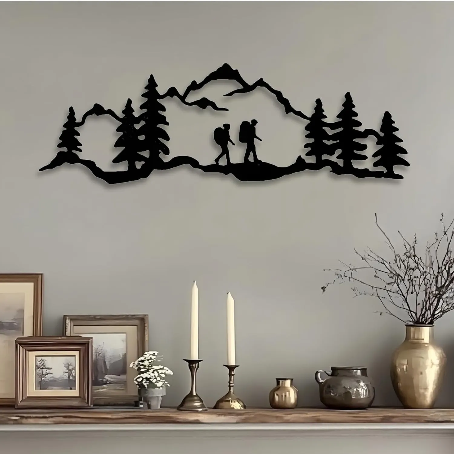 kuestboy Hiking Wall Art,Mountain Metal Wall Art,Mountain Range with Hiker,Mountain Scape Decor,Mountain With Trees,Camping Art,Mountain Scene (35"x12" | 90 x 30cm)
