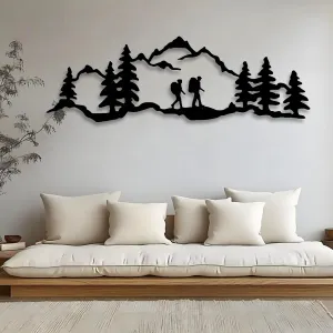 kuestboy Hiking Wall Art,Mountain Metal Wall Art,Mountain Range with Hiker,Mountain Scape Decor,Mountain With Trees,Camping Art,Mountain Scene (35"x12" | 90 x 30cm)