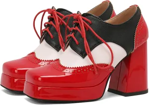 KysBloes Women Platform Oxford Shoes Chunky High Heel Pumps Vintage Wingtip Oxford Shoes Square Toe Lace Up Booties
