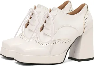 KysBloes Women Platform Oxford Shoes Chunky High Heel Pumps Vintage Wingtip Oxford Shoes Square Toe Lace Up Booties