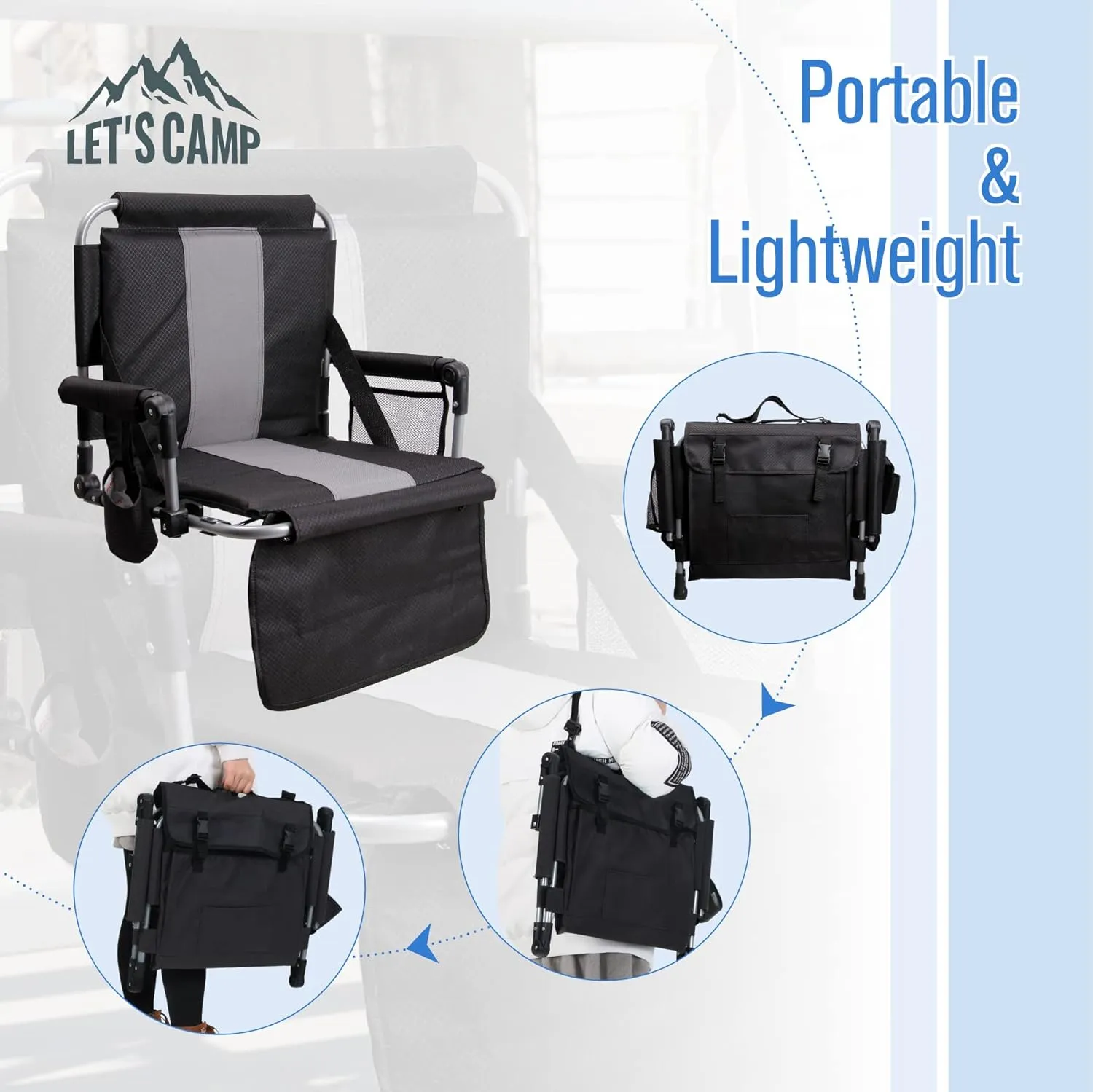 LET'S CAMP Folding Stadium Seat Bleacher Chair with Cup Holder, Mesh Bag and Hide Hooks, Portable Stadium Chair with Back and Cushion
