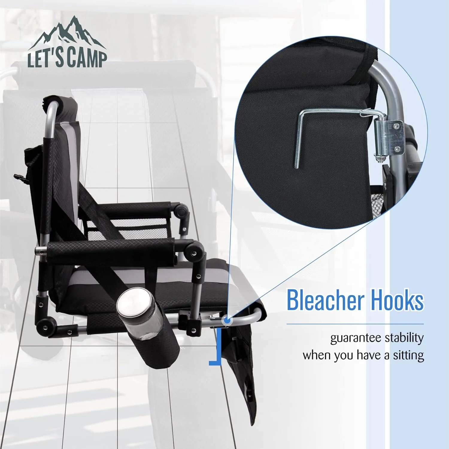LET'S CAMP Folding Stadium Seat Bleacher Chair with Cup Holder, Mesh Bag and Hide Hooks, Portable Stadium Chair with Back and Cushion
