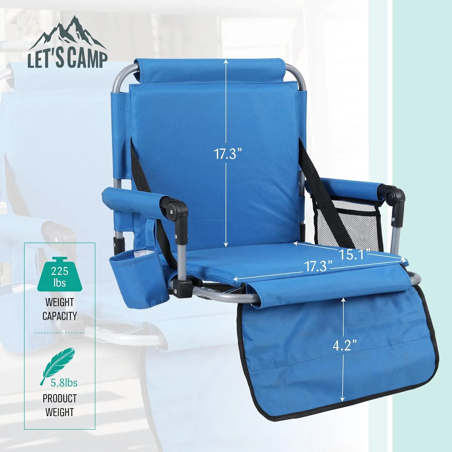 LET'S CAMP Folding Stadium Seat Bleacher Chair with Cup Holder, Mesh Bag and Hide Hooks, Portable Stadium Chair with Back and Cushion
