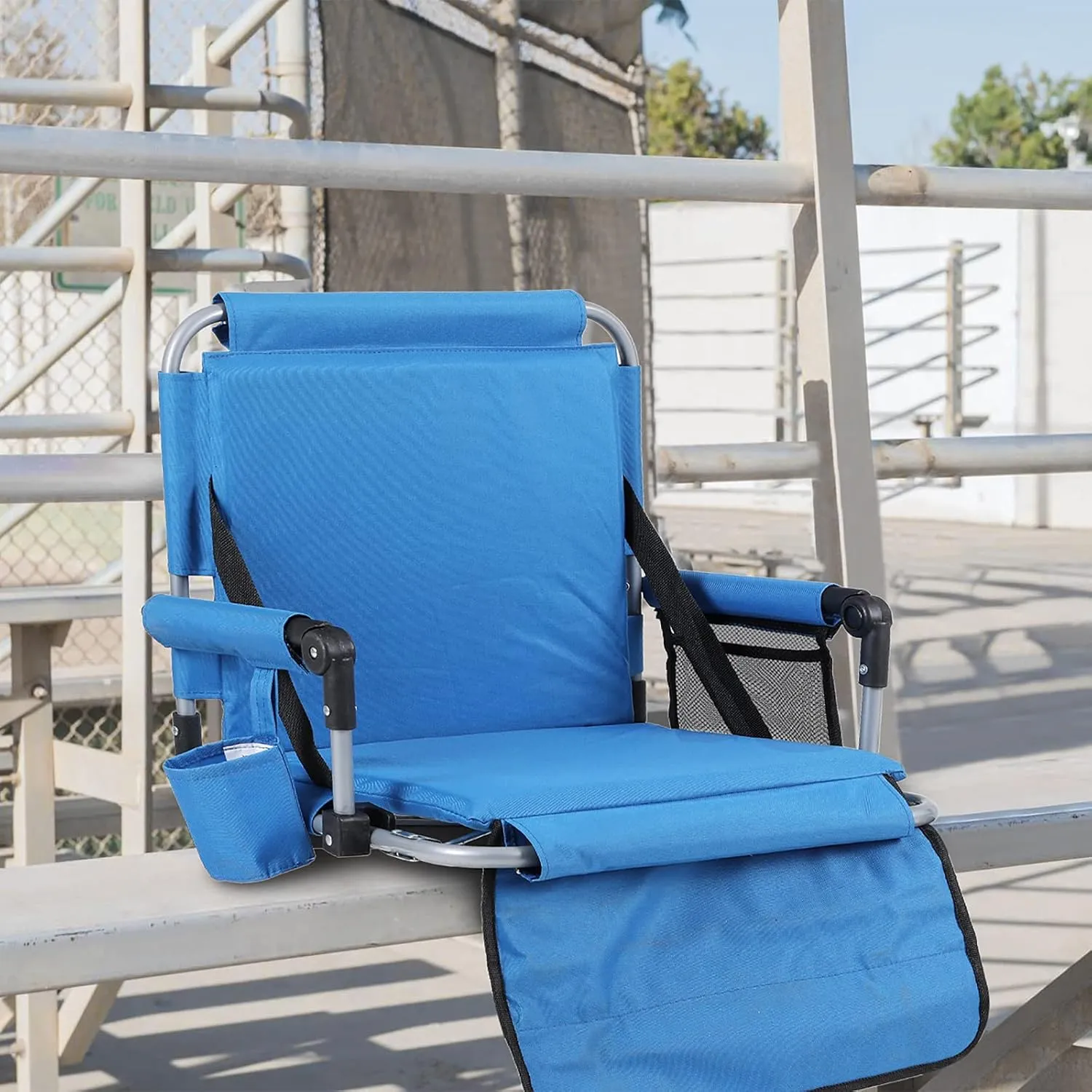 LET'S CAMP Folding Stadium Seat Bleacher Chair with Cup Holder, Mesh Bag and Hide Hooks, Portable Stadium Chair with Back and Cushion