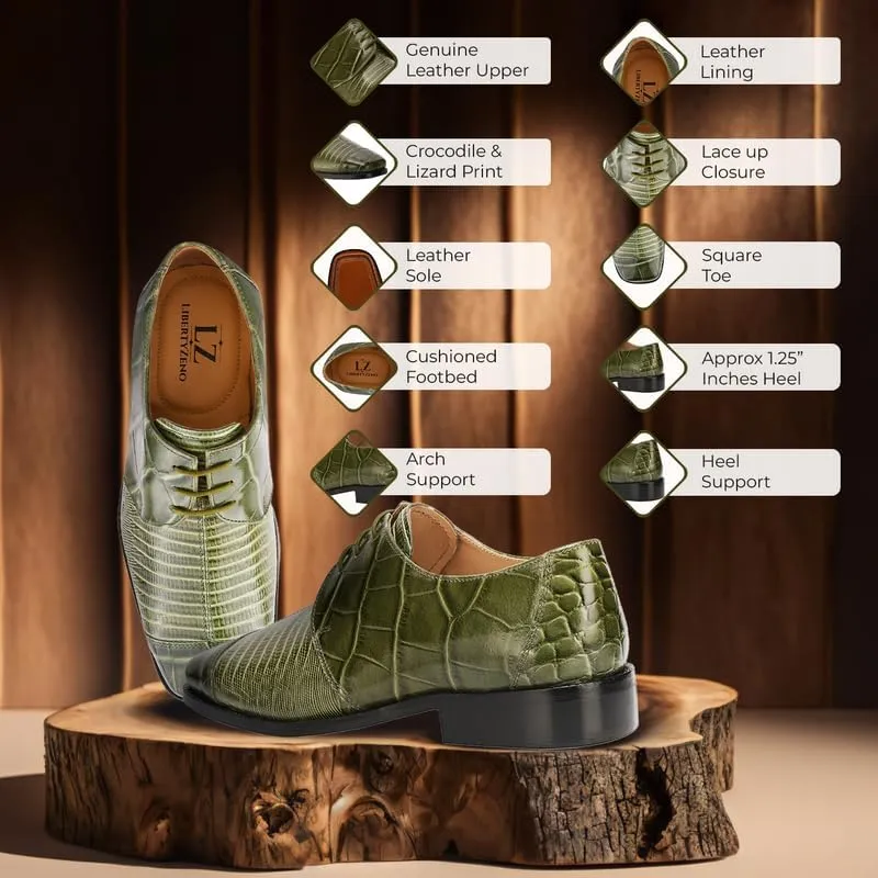 LIBERTYZENO Mens Croco Lizard Print Genuine Leather Adults Slip On & Lace Up Oxford Dress Shoes for Easter Gift