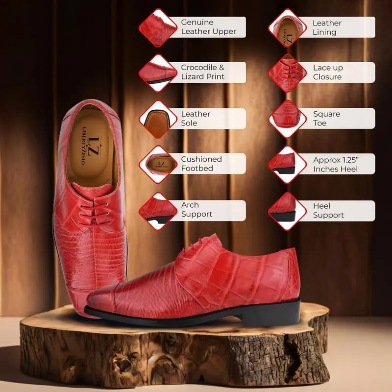 LIBERTYZENO Mens Croco Lizard Print Genuine Leather Adults Slip On & Lace Up Oxford Dress Shoes for Easter Gift
