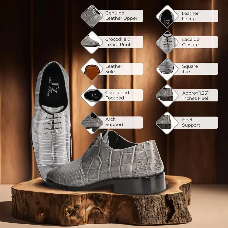 LIBERTYZENO Mens Croco Lizard Print Genuine Leather Adults Slip On & Lace Up Oxford Dress Shoes for Easter Gift