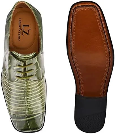 LIBERTYZENO Mens Croco Lizard Print Genuine Leather Adults Slip On & Lace Up Oxford Dress Shoes for Easter Gift