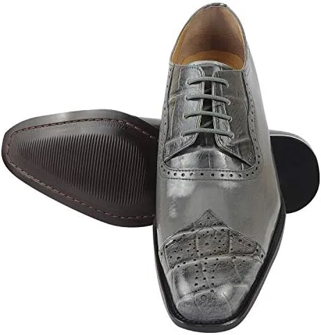 LIBERTYZENO Mens Genuine Leather Ostrich/EEL Print Lace Up Oxford Dress Shoes
