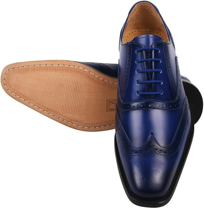 LIBERTYZENO Mens Plain & Animal Print Blue Genuine Leather Adults Lace Up Oxford Dress Shoes for Easter Gift