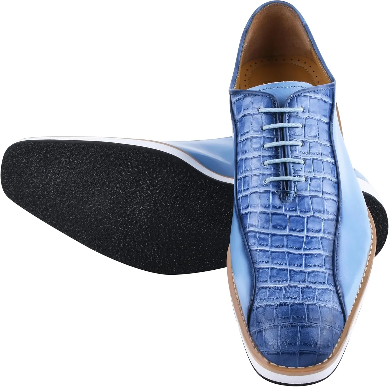 LIBERTYZENO Mens Plain & Animal Print Blue Genuine Leather Adults Lace Up Oxford Dress Shoes for Easter Gift