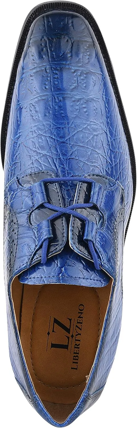 LIBERTYZENO Mens Plain & Animal Print Blue Genuine Leather Adults Lace Up Oxford Dress Shoes for Easter Gift