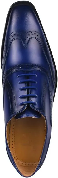LIBERTYZENO Mens Plain & Animal Print Blue Genuine Leather Adults Lace Up Oxford Dress Shoes for Easter Gift