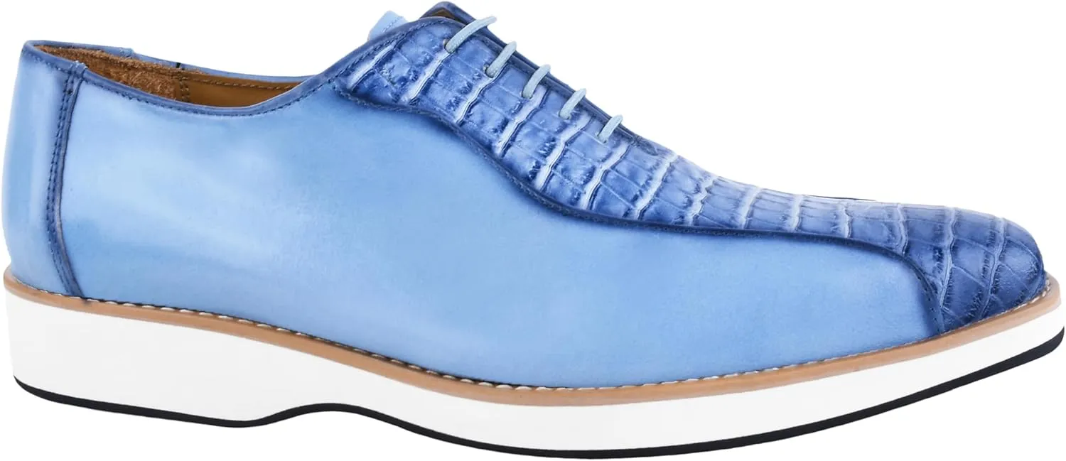 LIBERTYZENO Mens Plain & Animal Print Blue Genuine Leather Adults Lace Up Oxford Dress Shoes for Easter Gift