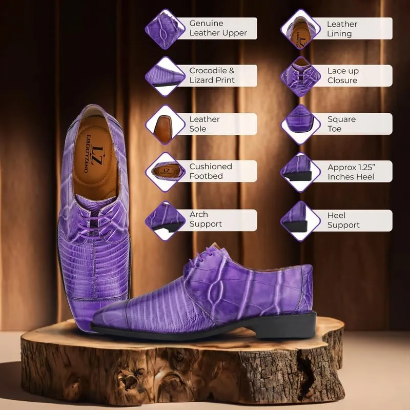 LIBERTYZENO Mens Plain & Animal Print Purple Genuine Leather Adults Slip On & Lace Up Oxford Dress Shoes/Prom Shoes for Easter Gift