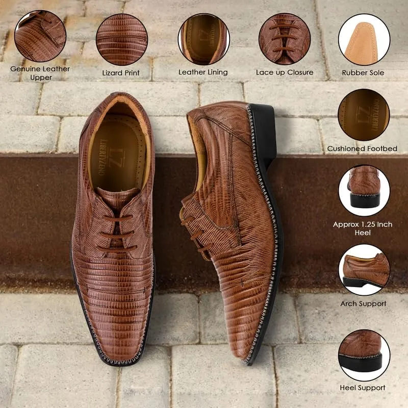 LIBERTYZENO Mens Plain & Lizard Print Genuine Leather Adults Lace Up Oxford Dress Shoes for Prom Graduation