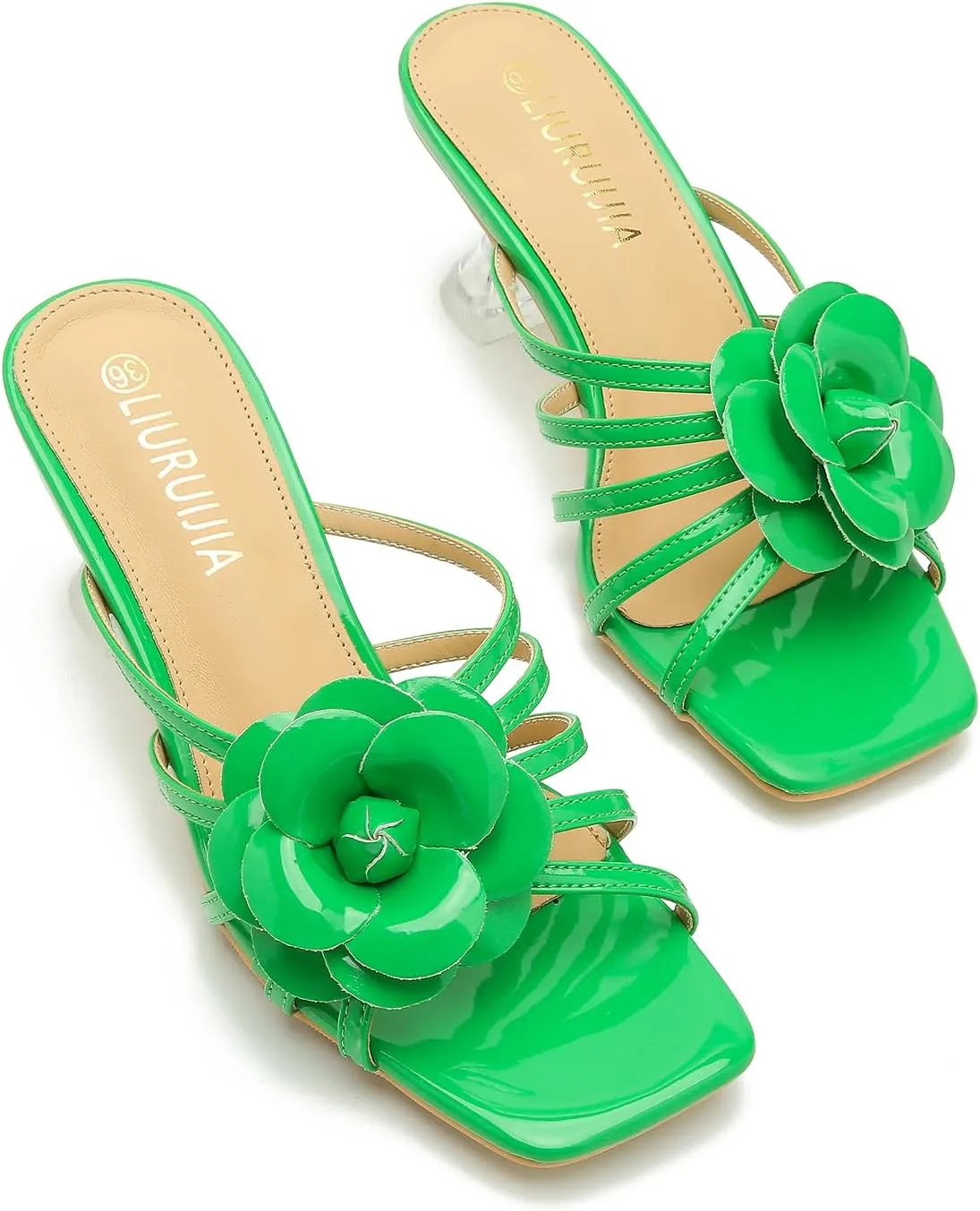 LIURUIJIA Women's Flowers Wedding Mule Heels Sandals Cute Square Toe Low Kitten Hees Slip On Party Dress Shoess