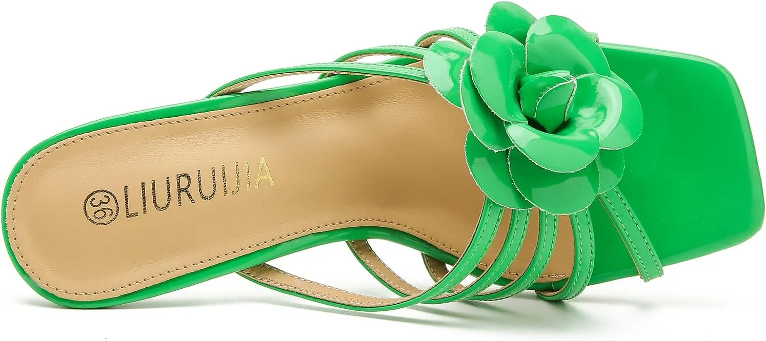 LIURUIJIA Women's Flowers Wedding Mule Heels Sandals Cute Square Toe Low Kitten Hees Slip On Party Dress Shoess