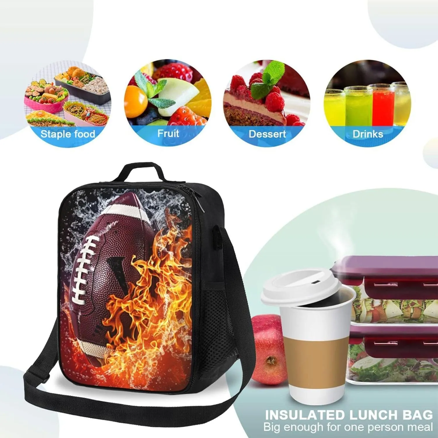 Lunch Bag Women Men Football Lunch Box Lunch Tote Bag Portable With Adjustable Shoulder Strap Insulated Cooler for Work Offices Camping Picnic Beach Hiking