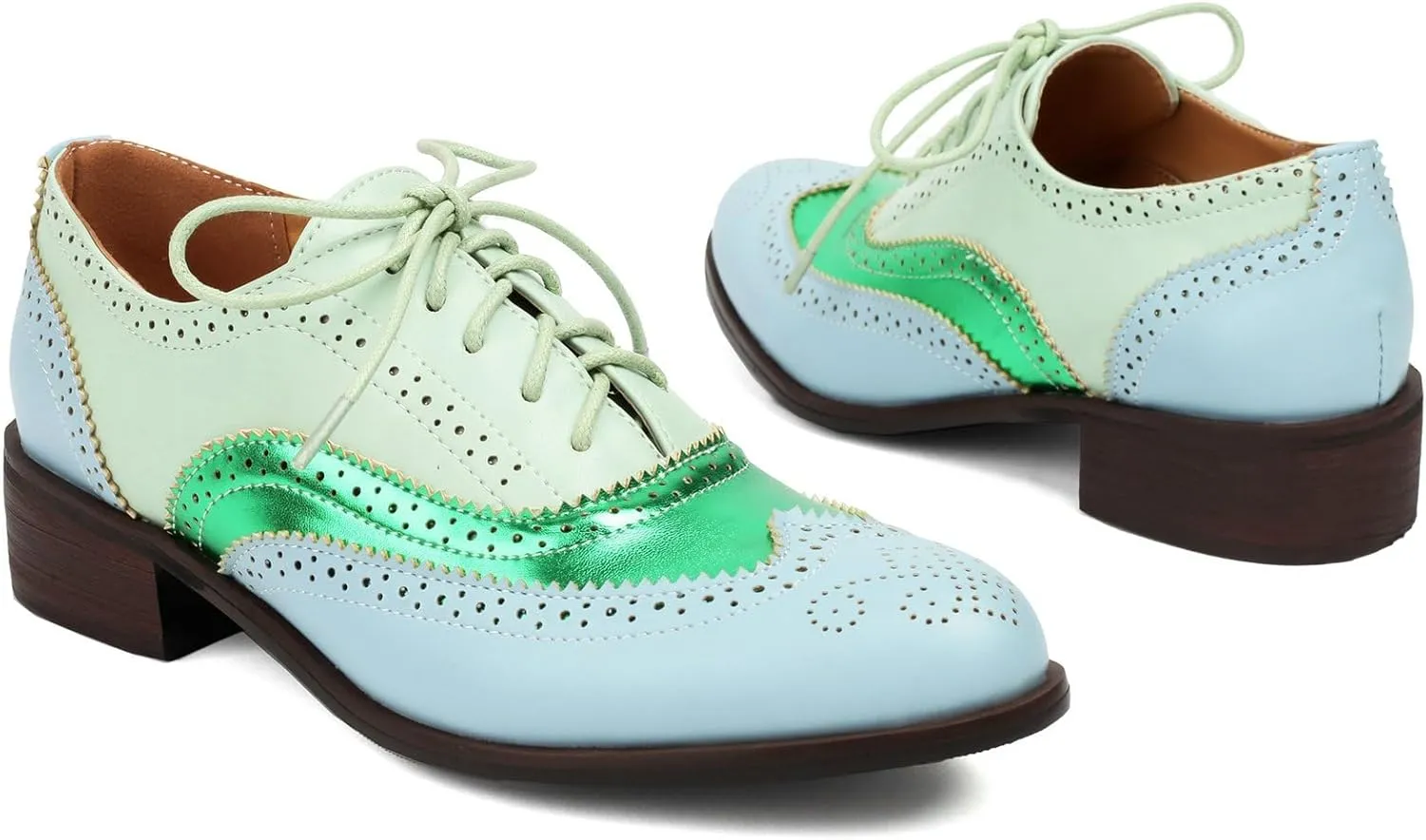 LUXMAX Women Lace Up Oxford Shoes Flats Wingtip Brogues Shoes Low Chunky Heel Vintage Saddle Shoes
