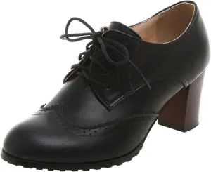 LUXMAX Womens Plaid Lace Up Wingtip Oxfords Brogues Shoes Stacked Block Heel Pumps