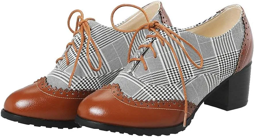 LUXMAX Womens Plaid Lace Up Wingtip Oxfords Brogues Shoes Stacked Block Heel Pumps