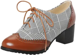 LUXMAX Womens Plaid Lace Up Wingtip Oxfords Brogues Shoes Stacked Block Heel Pumps