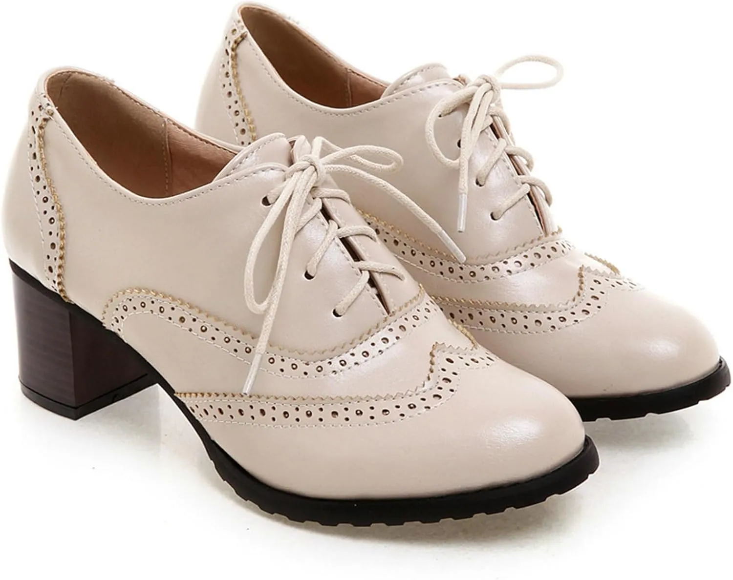 LUXMAX Womens Plaid Lace Up Wingtip Oxfords Brogues Shoes Stacked Block Heel Pumps