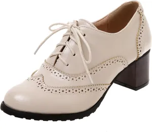 LUXMAX Womens Plaid Lace Up Wingtip Oxfords Brogues Shoes Stacked Block Heel Pumps