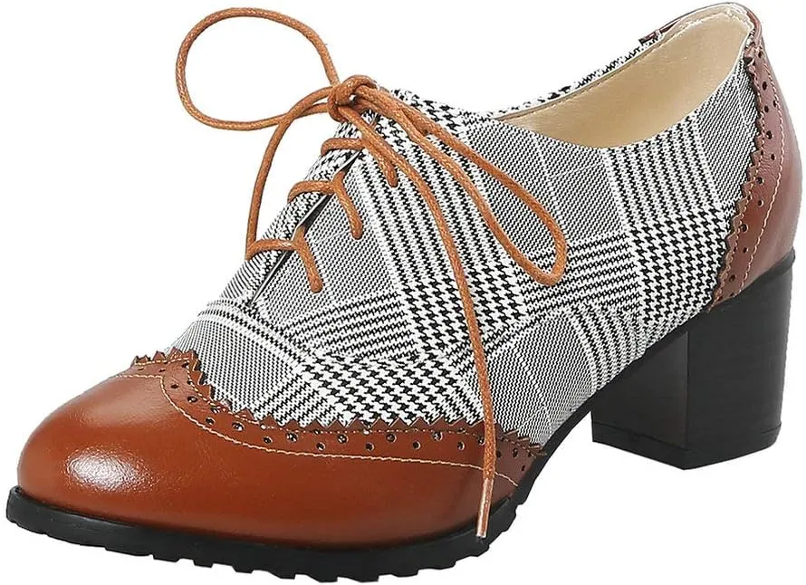 LUXMAX Womens Plaid Lace Up Wingtip Oxfords Brogues Shoes Stacked Block Heel Pumps