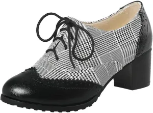 LUXMAX Womens Plaid Lace Up Wingtip Oxfords Brogues Shoes Stacked Block Heel Pumps