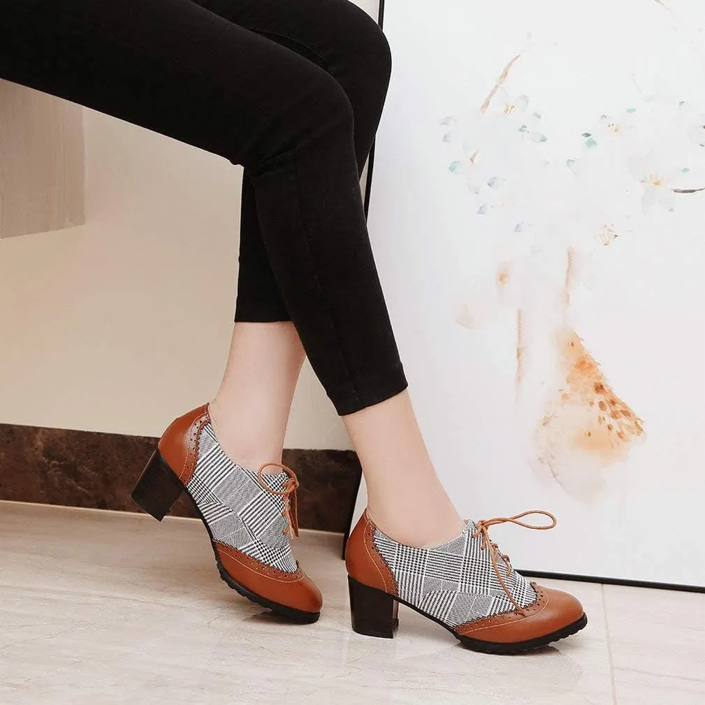 LUXMAX Womens Plaid Lace Up Wingtip Oxfords Brogues Shoes Stacked Block Heel Pumps