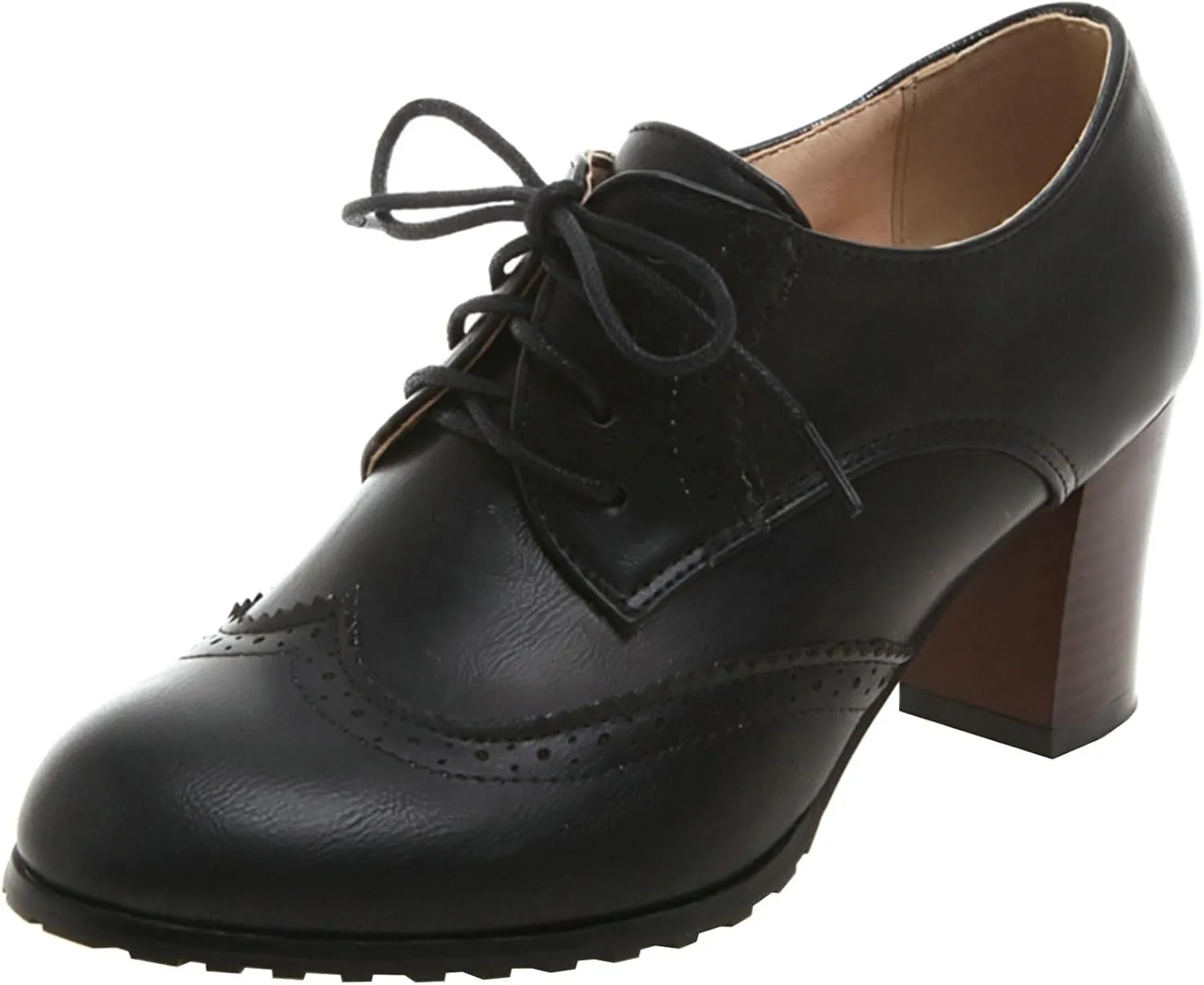 LUXMAX Womens Plaid Lace Up Wingtip Oxfords Brogues Shoes Stacked Block Heel Pumps