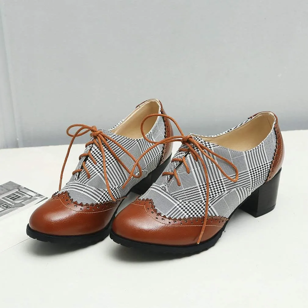 LUXMAX Womens Plaid Lace Up Wingtip Oxfords Brogues Shoes Stacked Block Heel Pumps