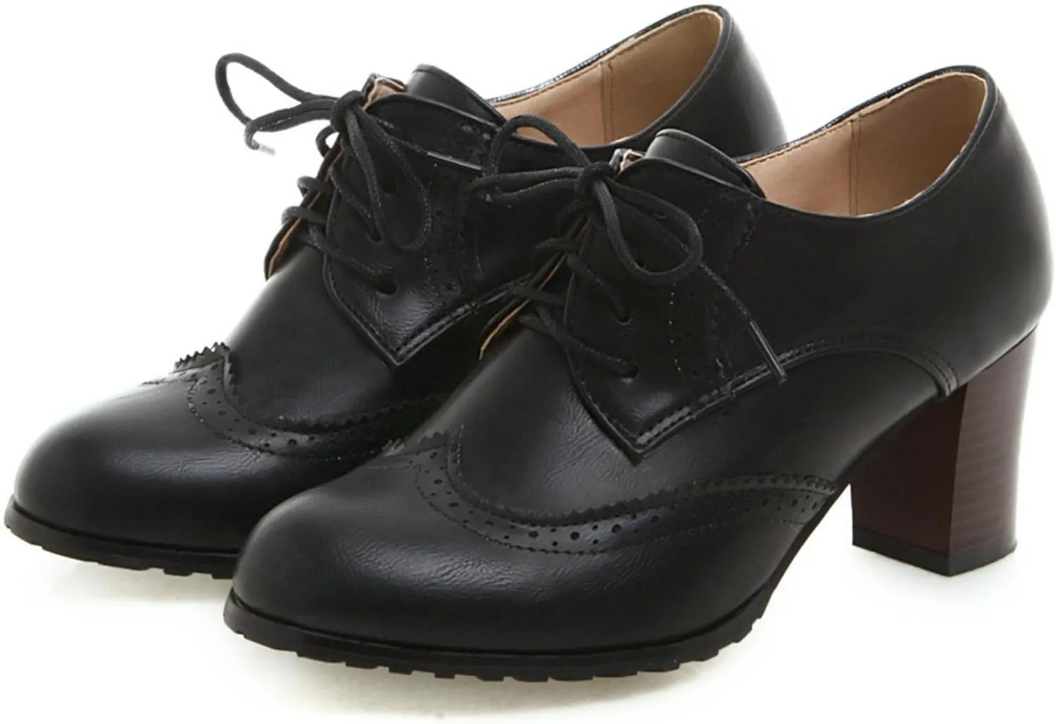LUXMAX Womens Plaid Lace Up Wingtip Oxfords Brogues Shoes Stacked Block Heel Pumps
