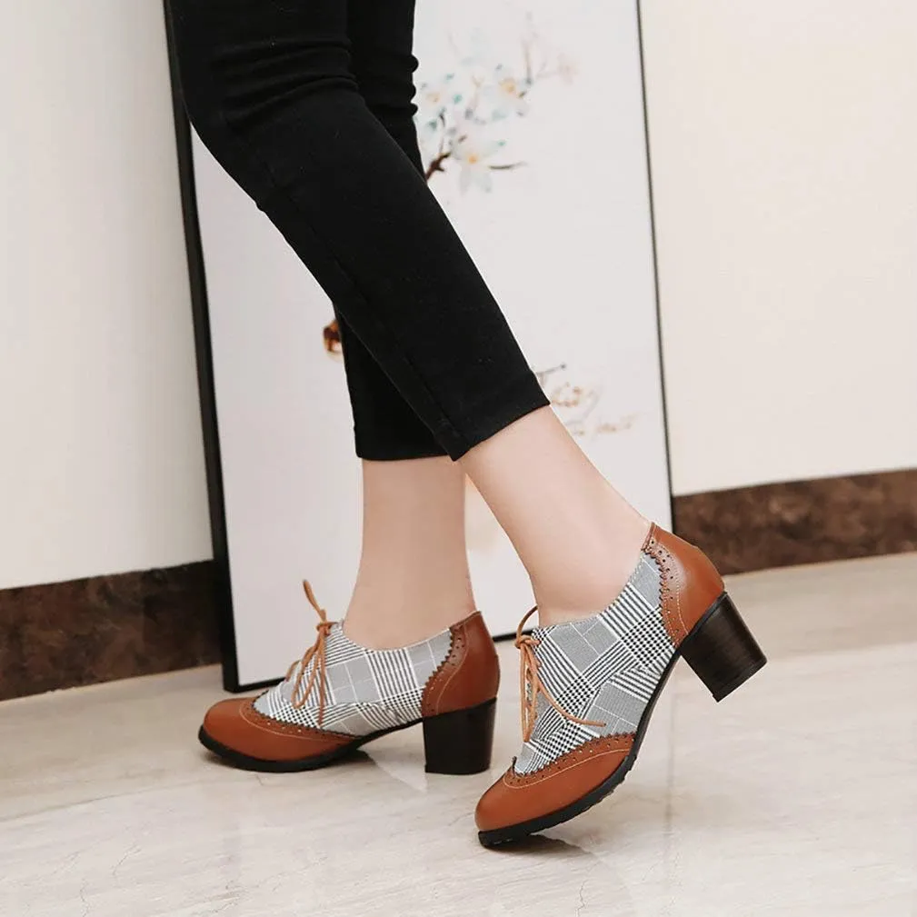 LUXMAX Womens Plaid Lace Up Wingtip Oxfords Brogues Shoes Stacked Block Heel Pumps