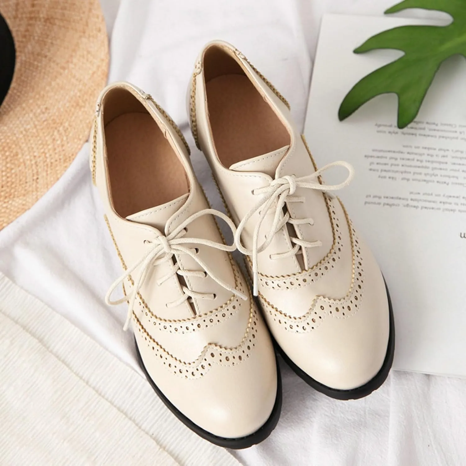 LUXMAX Womens Plaid Lace Up Wingtip Oxfords Brogues Shoes Stacked Block Heel Pumps