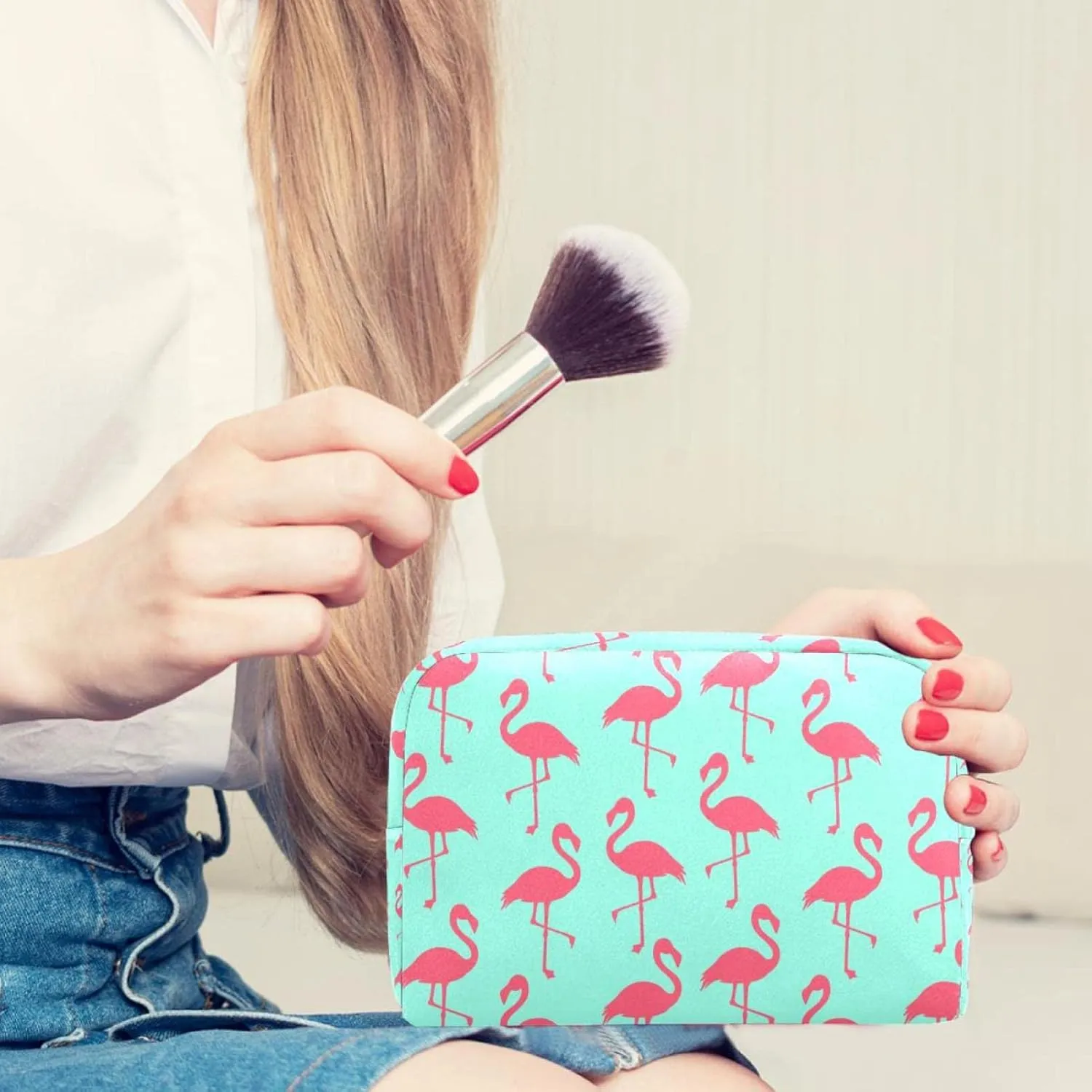 Makeup Organizer Bag, Seamless Elegant Flamingo Pattern Pencil Case Cosmetic Storage Bag Portable Toiletry Pouch for Women, Men, Traveling, School