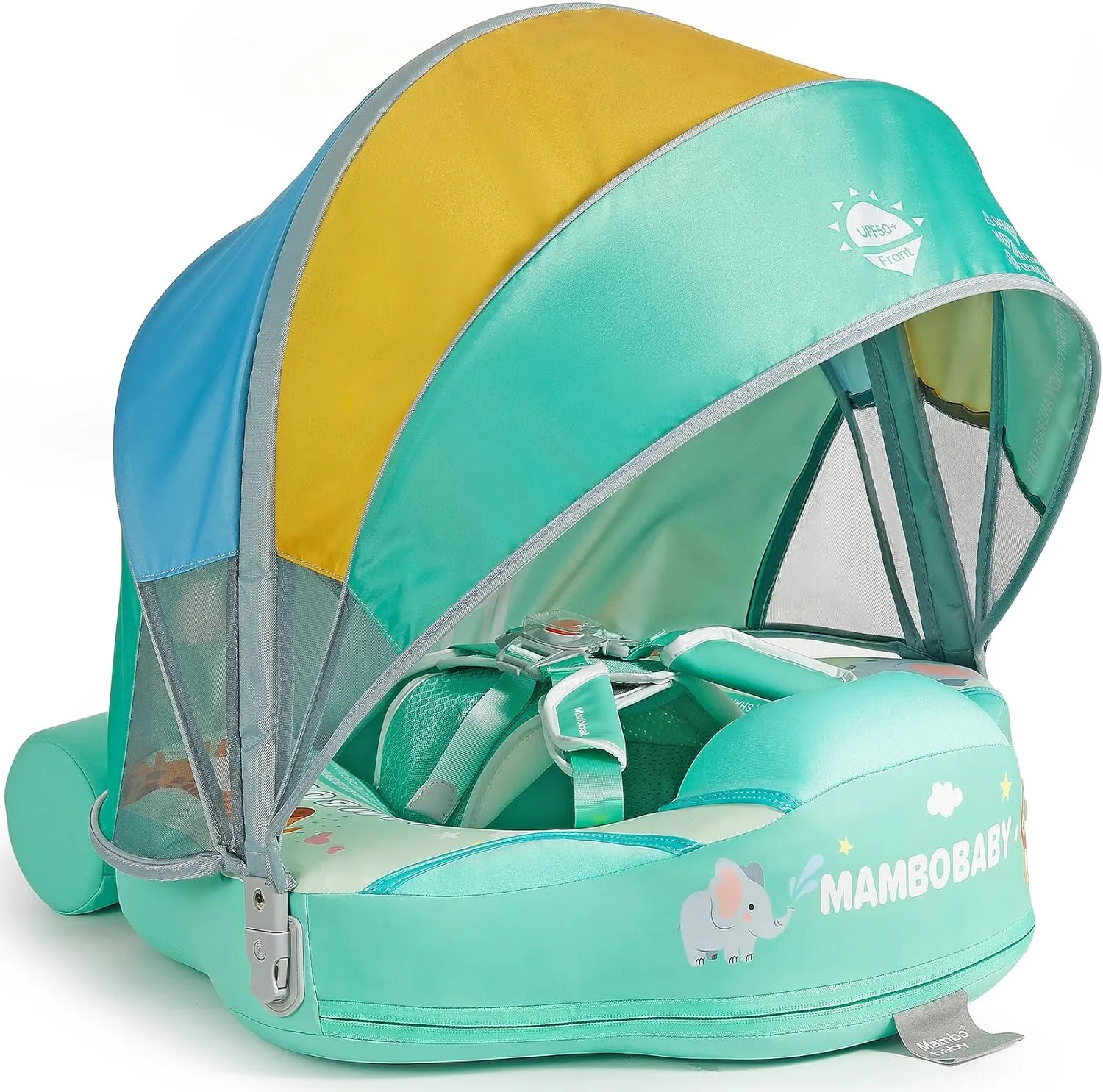 Mambobaby Float with Bed Mesh and Canopy Non Inflatable Infant Pool Float Smart Swim Trainer Add Tail Swim Float Mambo Float Solid Air Free Water Waist Swimming Ring for Girls and Boys Aged 3-24months