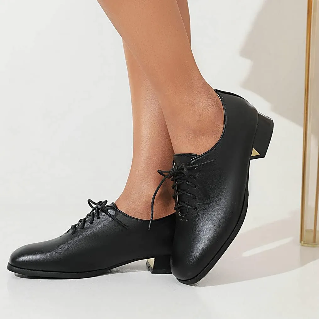 Meefit Ladies Square to Oxford Shoes Low Heel Lace Up Chunky Heel Pumps