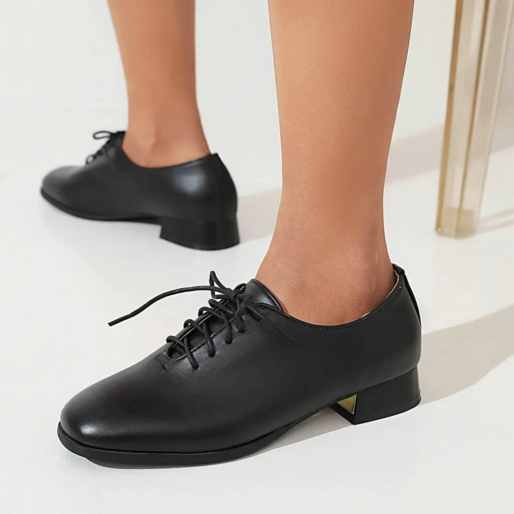 Meefit Ladies Square to Oxford Shoes Low Heel Lace Up Chunky Heel Pumps