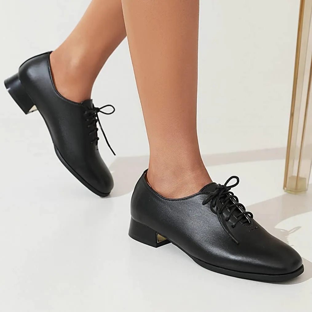 Meefit Ladies Square to Oxford Shoes Low Heel Lace Up Chunky Heel Pumps