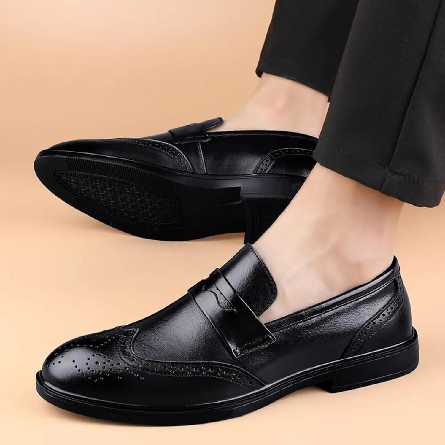 Men Leather Slip-On Oxford Dress Shoes Round Toe Block Heel Rubber Sole Non Slip Party Comfortable Elegant Wedding Business Shoes