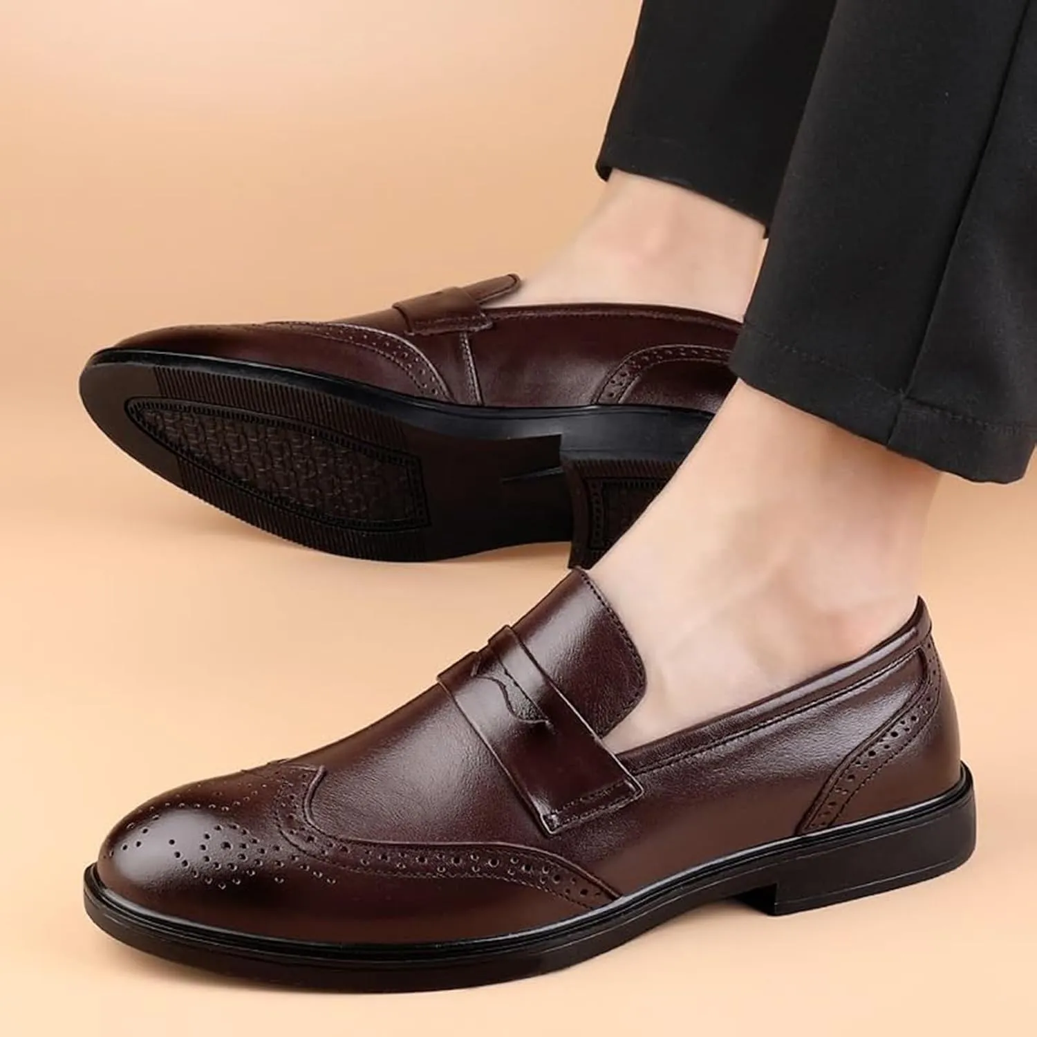 Men Leather Slip-On Oxford Dress Shoes Round Toe Block Heel Rubber Sole Non Slip Party Comfortable Elegant Wedding Business Shoes