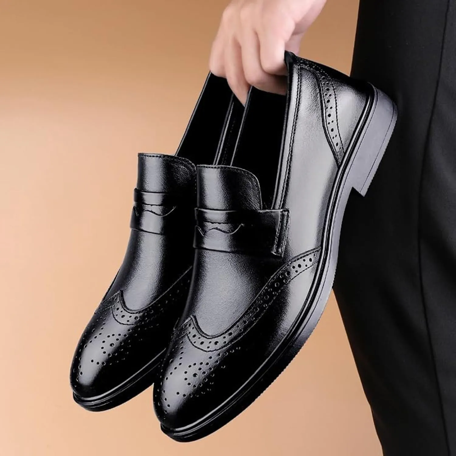 Men Leather Slip-On Oxford Dress Shoes Round Toe Block Heel Rubber Sole Non Slip Party Comfortable Elegant Wedding Business Shoes