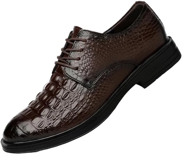 Mens Casual Dress Shoe Formal Dress Shoes for Men Lace Up Round Burnished Toe Crocodile Print Shoes Slip Resistant Anti-Slip Low Top Classic