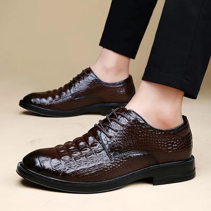 Mens Casual Dress Shoe Formal Dress Shoes for Men Lace Up Round Burnished Toe Crocodile Print Shoes Slip Resistant Anti-Slip Low Top Classic