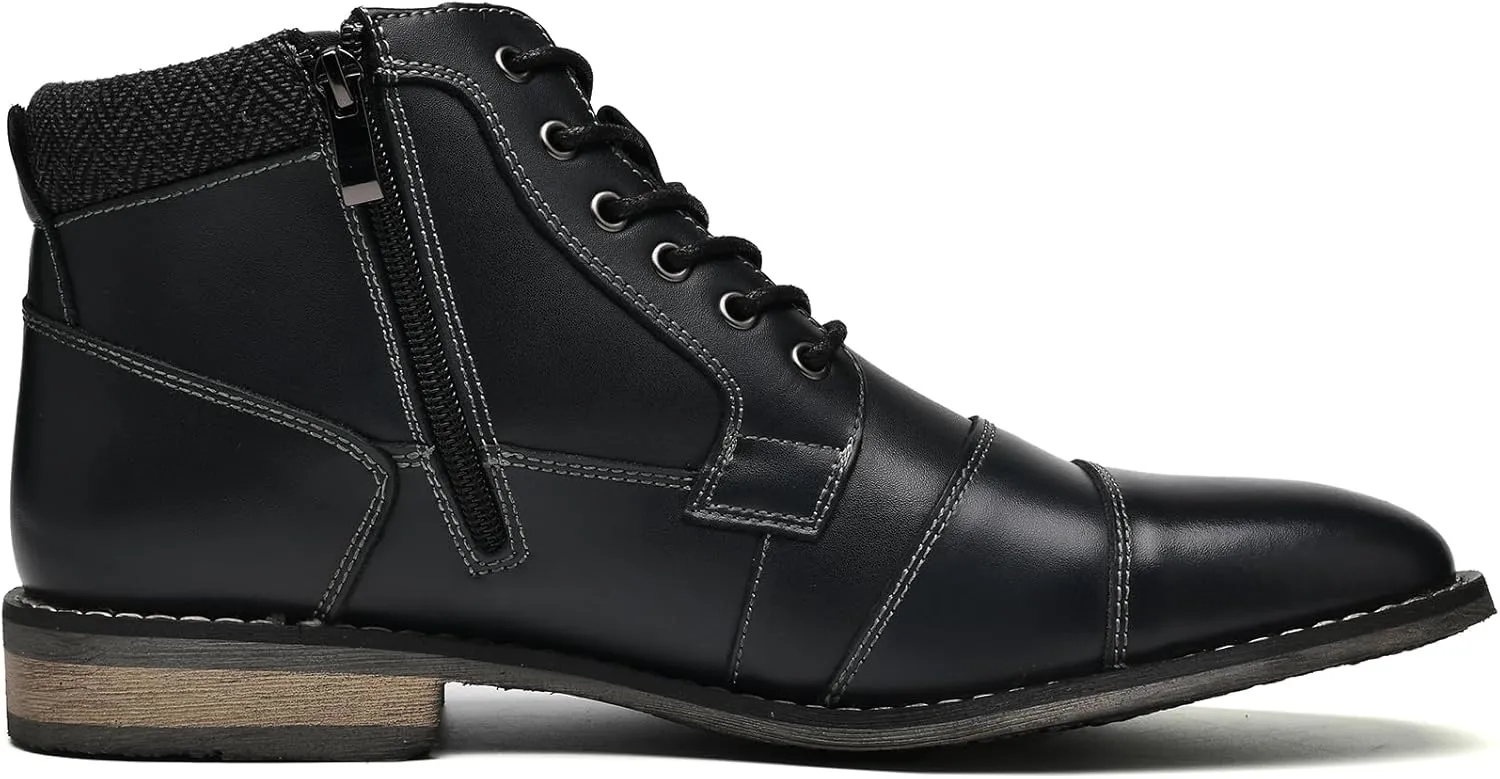 Mens Fashion Dress Boots - Black Genuine Leather Classic Brogue Style Oxford Ankle Boots